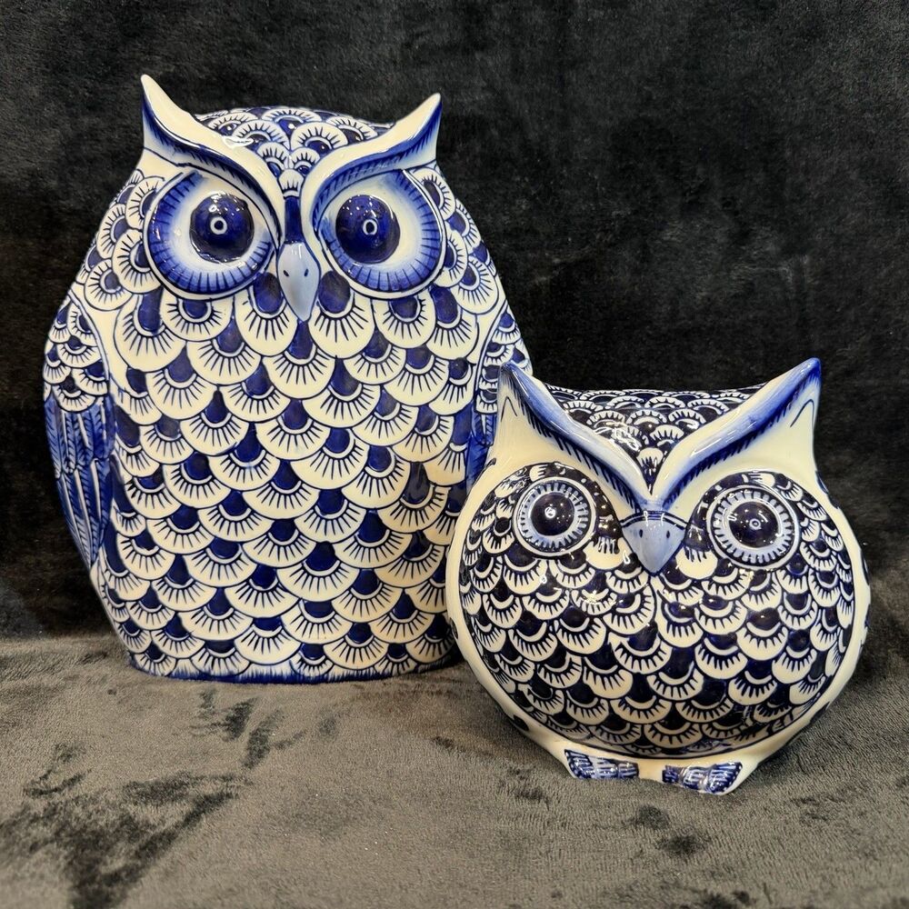 Pier 1 Imports Retired Chinoiserie Owl Decor Large Figurines Set of 2 Ceramic